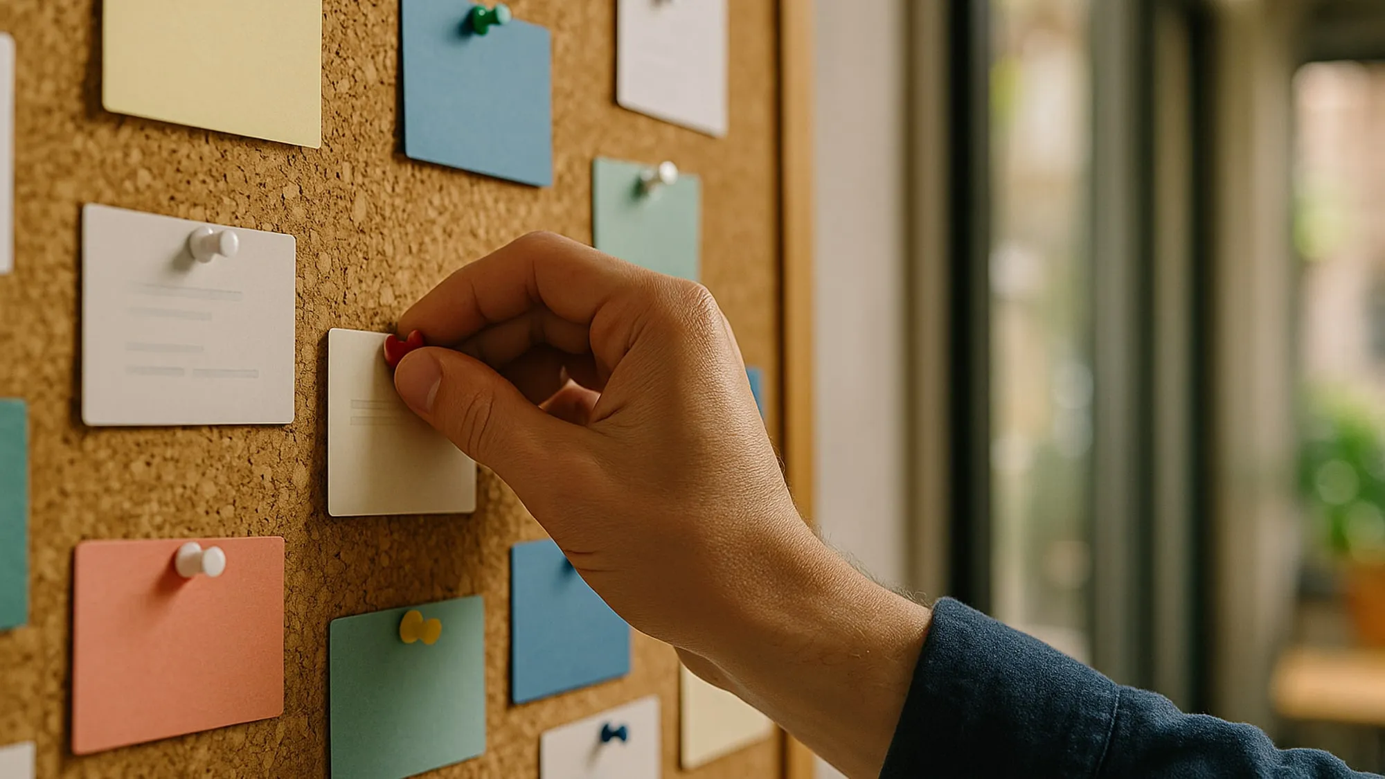 Une main punaise une carte parmi d'autres déjà accrochées sur un tableau en liège, dans un espace de travail lumineux