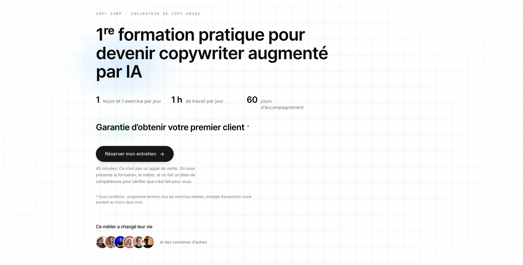 La page d'accueil de CopyCamp : première formation pratique pour devenir copywriter augmenté par IA