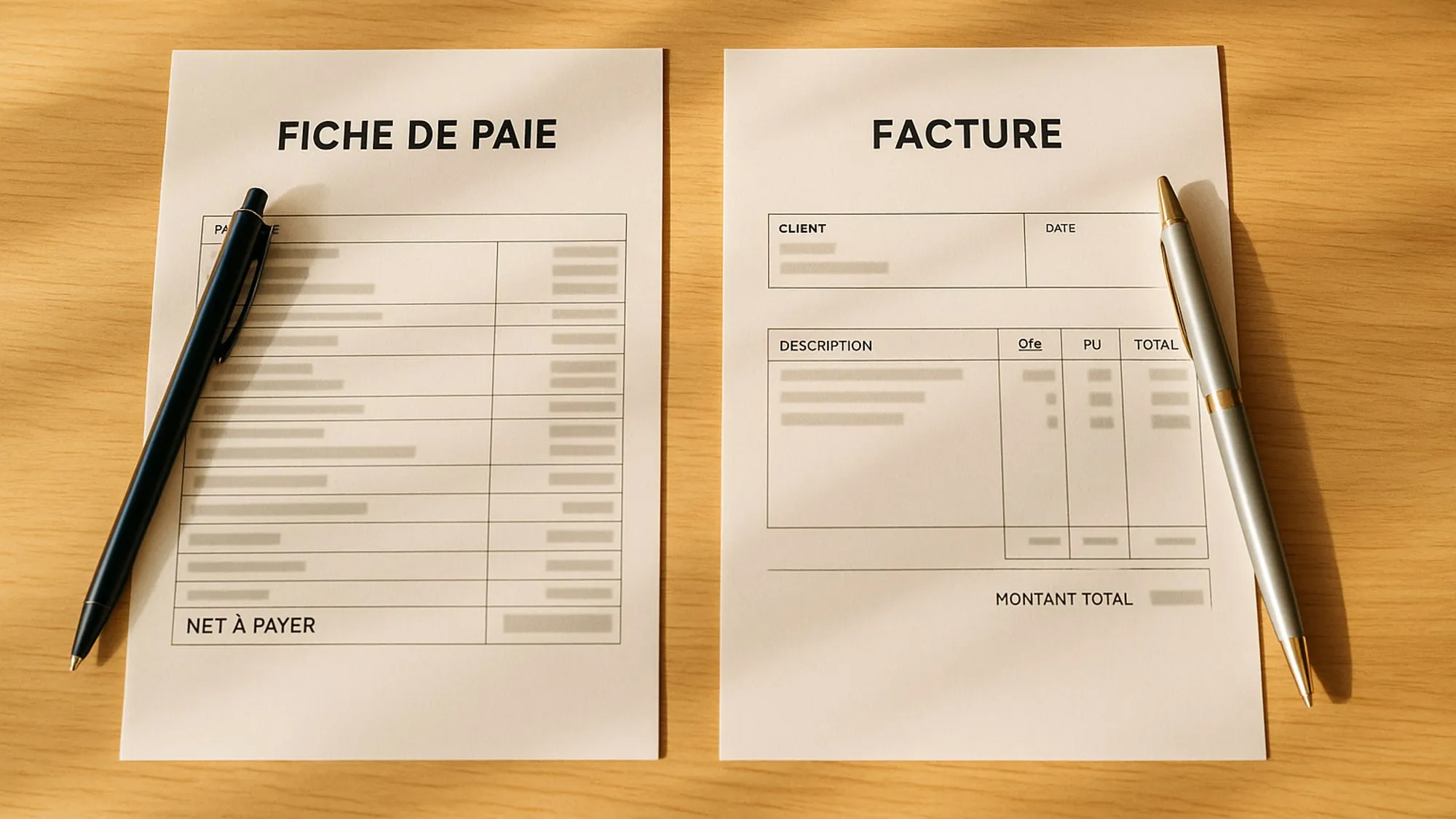 Une fiche de paie et une facture posées côte à côte sur une table en bois clair, un stylo noir sur la fiche de paie et un stylo argenté sur la facture, les montants illisibles