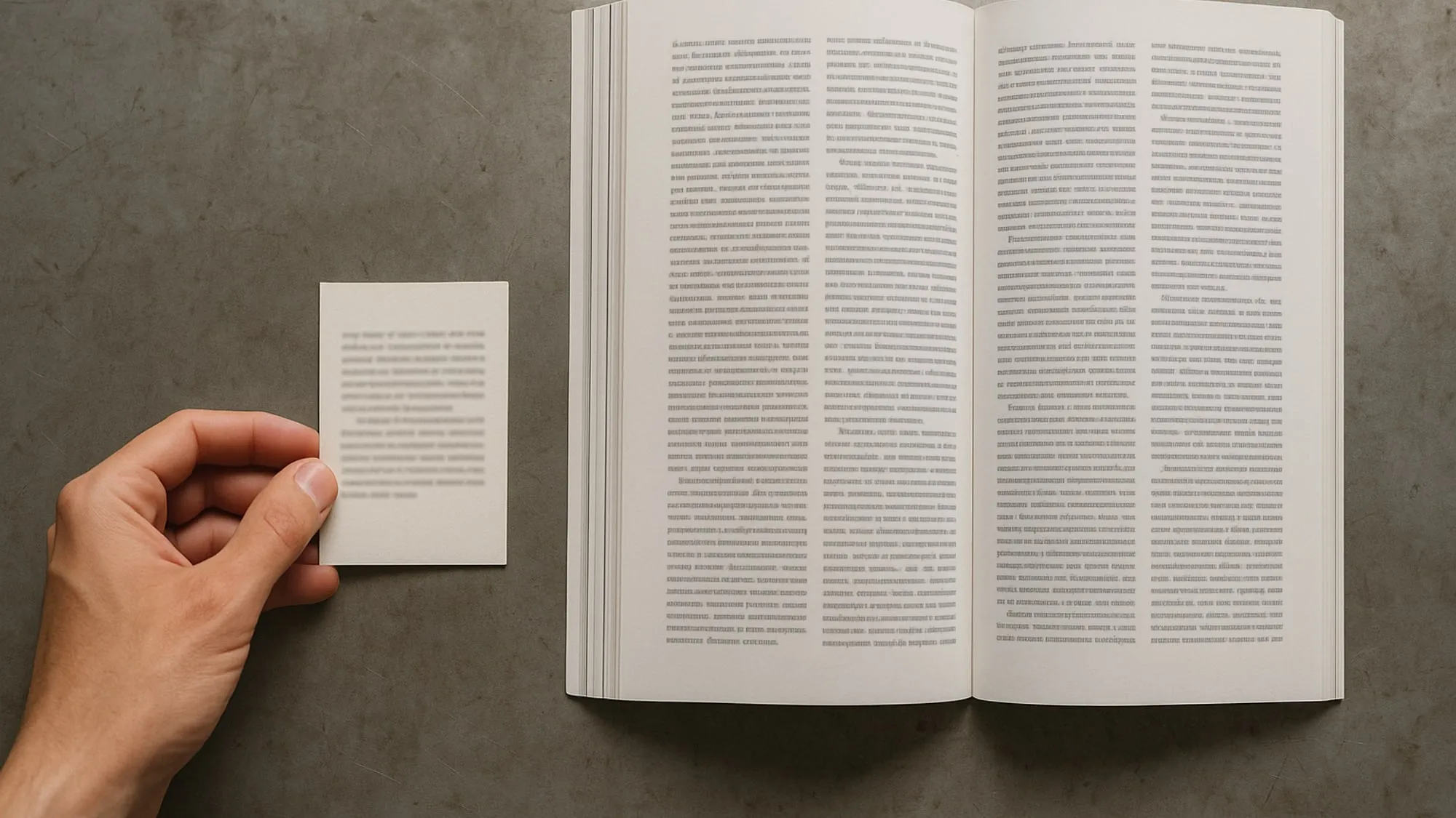 Une main tient une petite carte cartonnée à côté d'un livre ouvert aux pages imprimées sur deux colonnes, vue de dessus sur une surface grise
