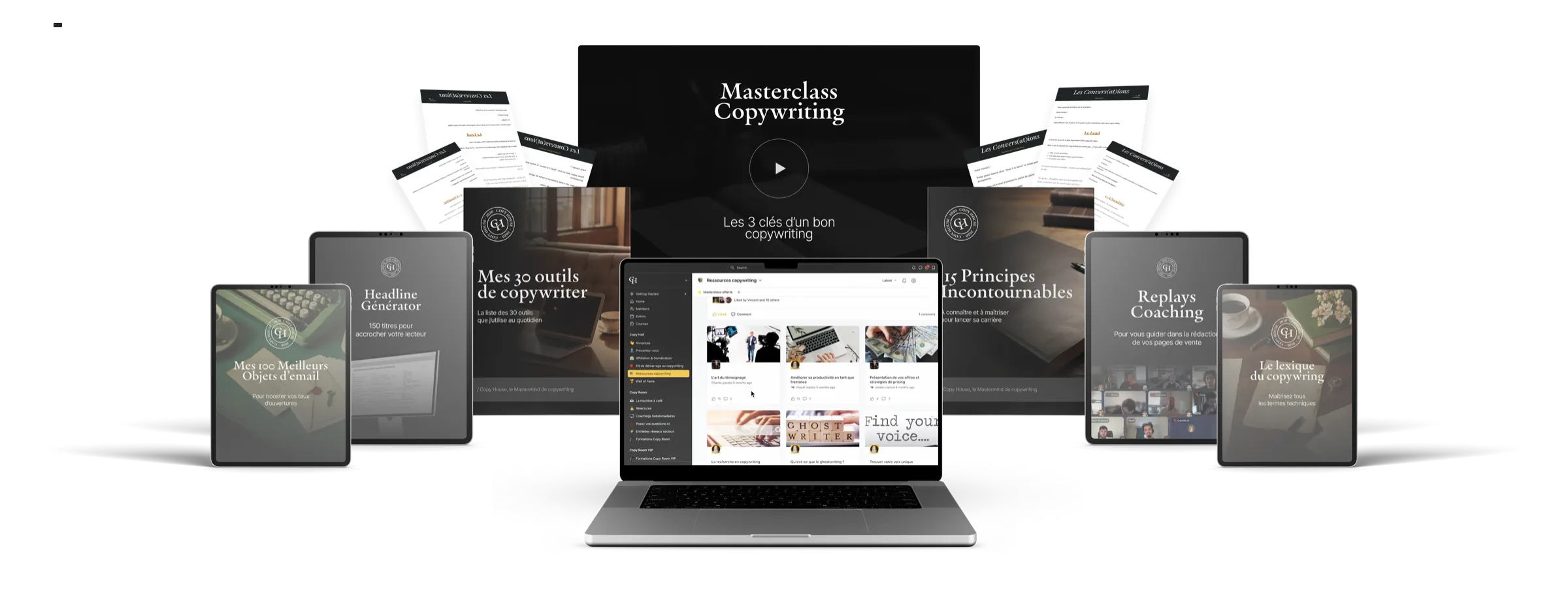 Les formations offertes Copy House : masterclass copywriting, outils, replays de coaching, sur ordinateur, tablette et téléphone