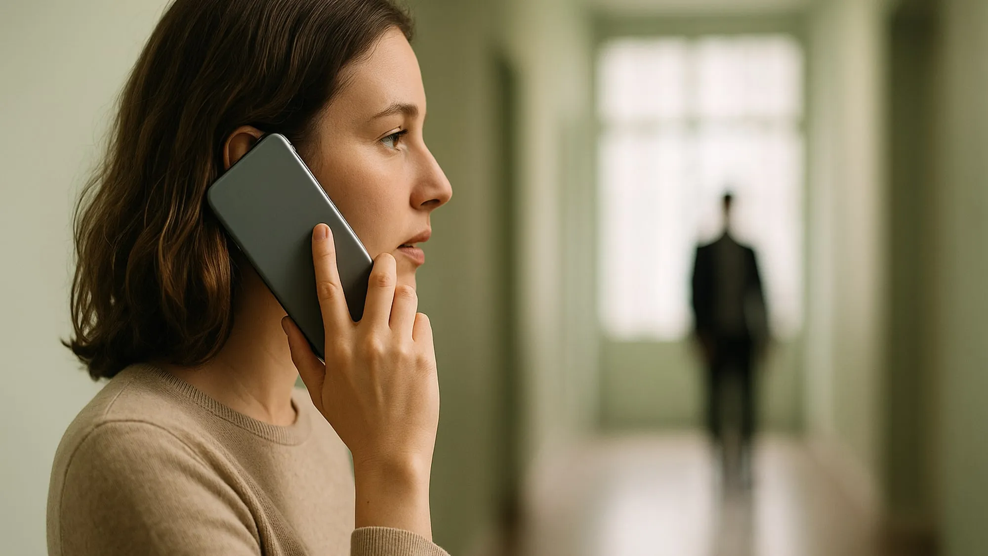 Une femme tient un téléphone à son oreille dans un couloir lumineux