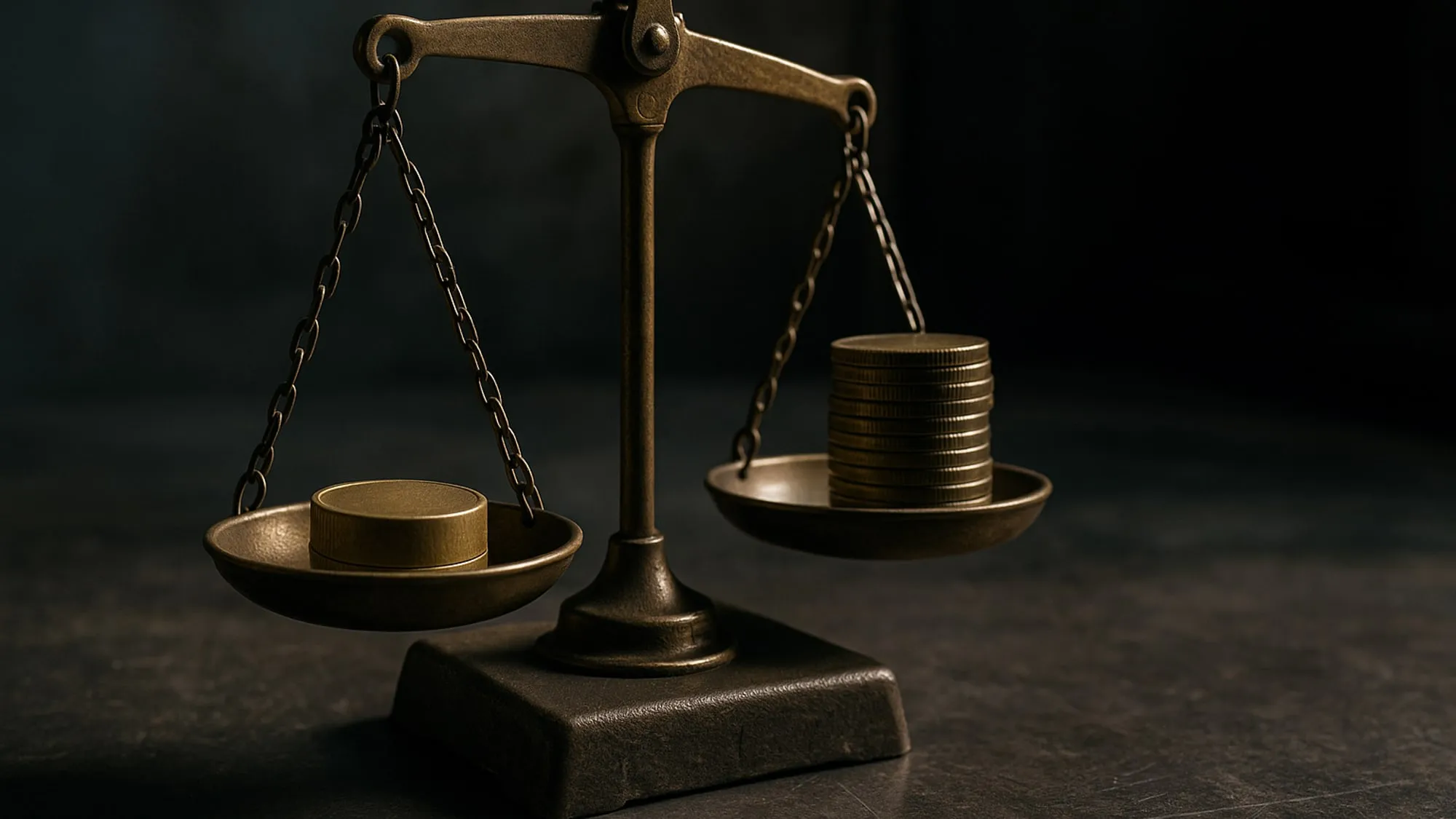Une balance en métal porte un poids sur un plateau et une pile de pièces sur l’autre